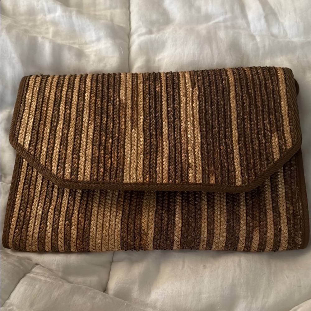 Brown and Tan Striped Clutch with Textured Finish